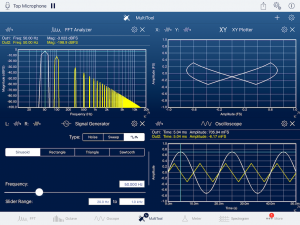 Screenshot of SignalScope X's MultiTool hosting 4 other tools on iPad Pro